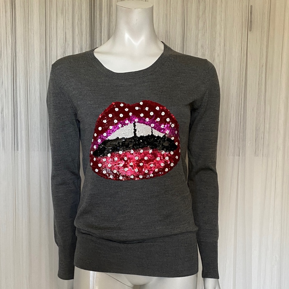 Markus Lupfer 100% Fine Merino Wool Gray Sweater with Sequin Lip Design XS
